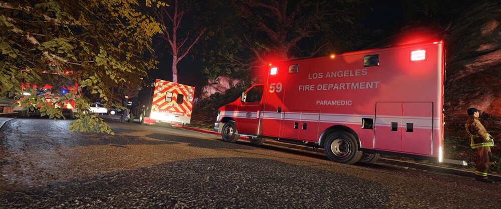 Could contain: outdoor, firefighter, land vehicle, vehicle, fire, transport, wheel, tree, emergency service, emergency vehicle, fire department, fire apparatus, road, emergency, truck, red, street, ground, night, light