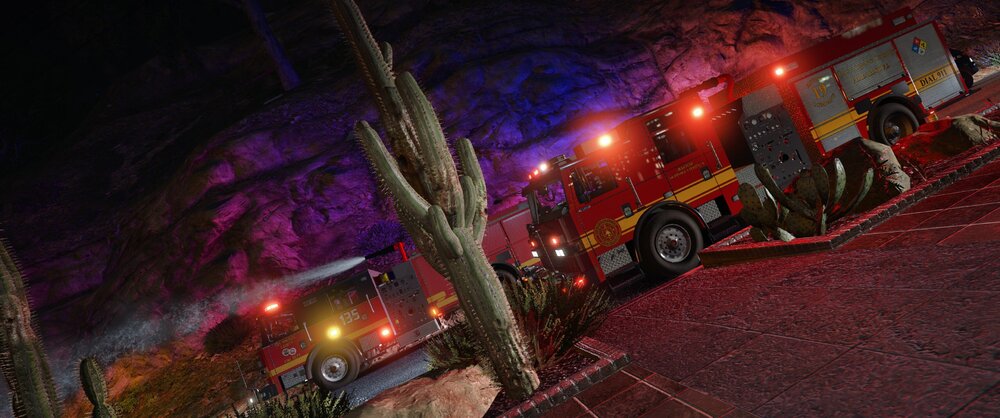 Could contain: firefighter, vehicle, fire, land vehicle, truck, wheel, transport, outdoor, night