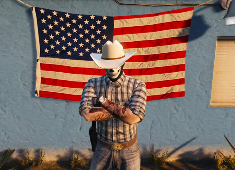 Could contain: clothing, outdoor, person, flag, sun hat, flag of the united states, cowboy hat, man, building, striped, shirt, fashion accessory, fedora, cowboy, hat, standing