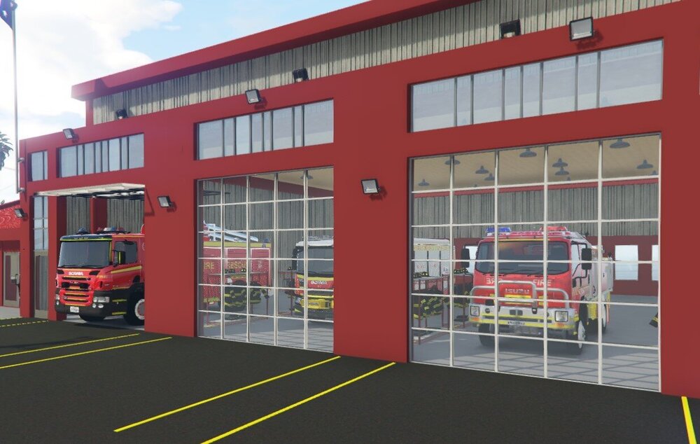 Could contain: sky, outdoor, land vehicle, vehicle, red, building, wheel, road, firefighter, fire