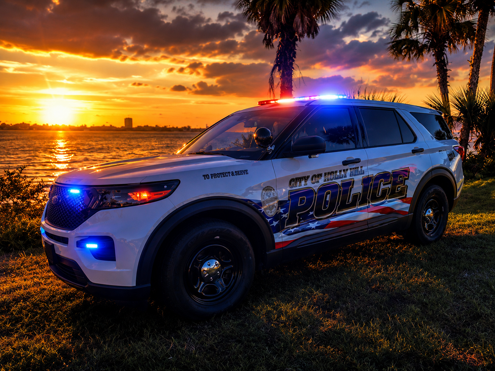 Could contain: vehicle, land vehicle, outdoor, wheel, sky, tire, car, transport, bumper, ford, sport utility vehicle, auto part, police car, automotive exterior, automotive light bulb, sunset, parked